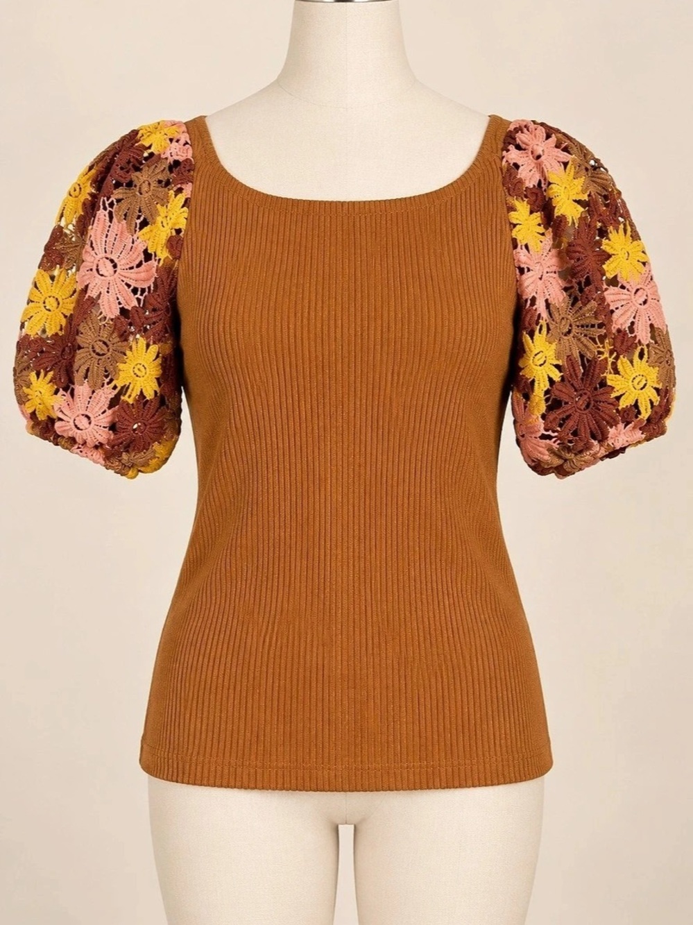 Cato Small Brown Ribbed Knit Top Floral Crochet Puff Sleeve Boho 70s